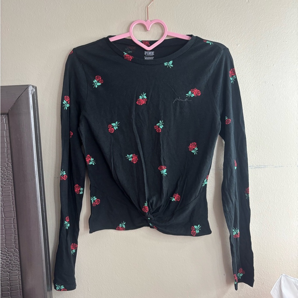 PINK Victoria's Secret Black Top with Red Rose Print